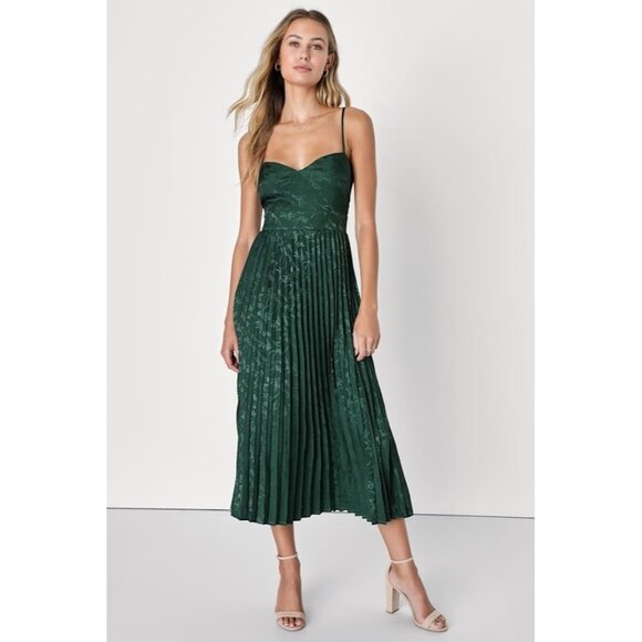 Lulus Dark Green Emerald Satin Jacquard Pleated Midi Dress Size XS Fall Coquette - Picture 1 of 13